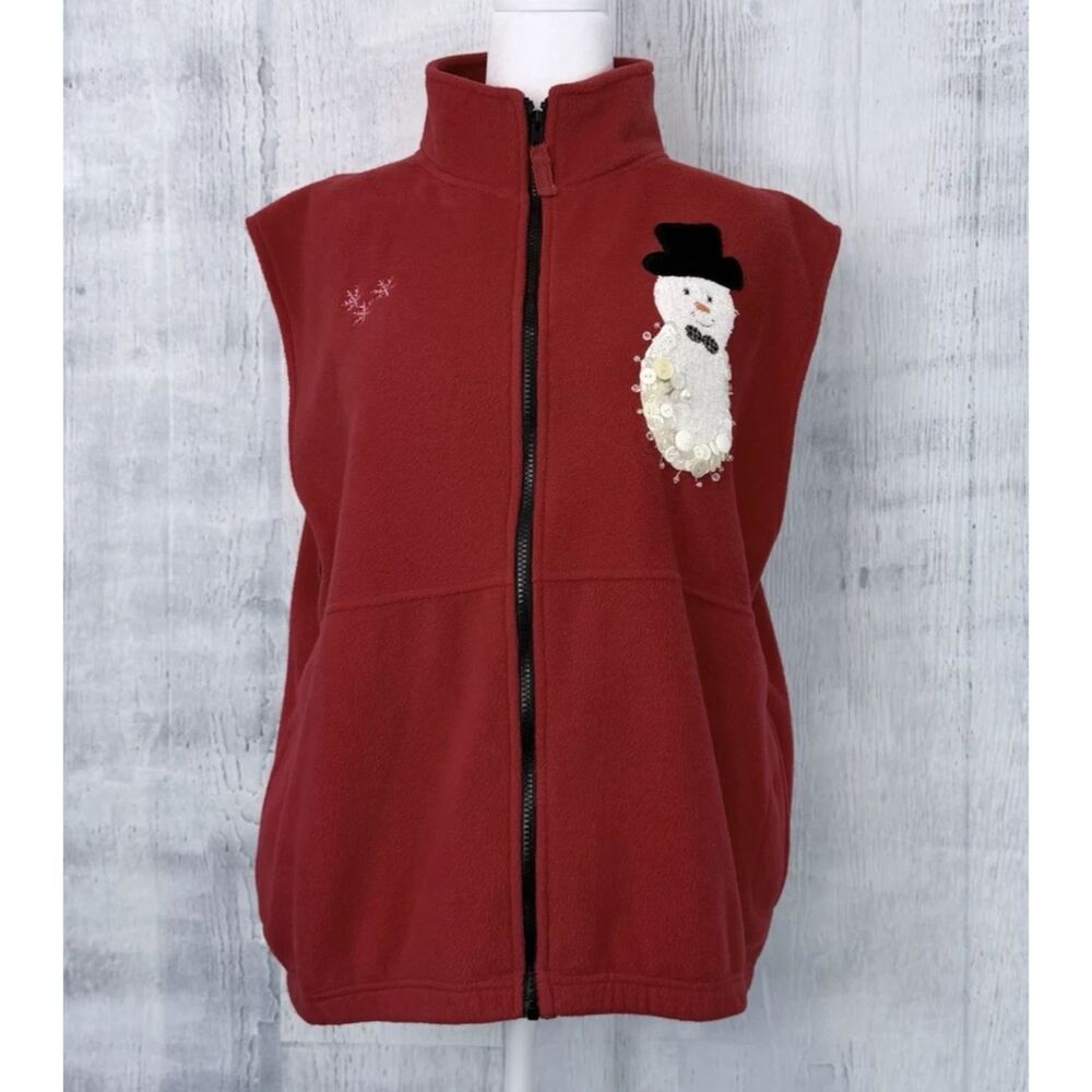 Sierra Pacific Fleece Vest Women's L Snowman Holiday Embroidered Zip Sweater